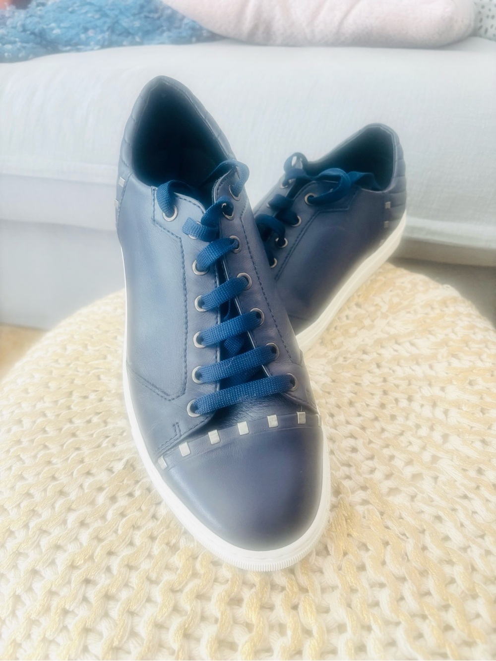Versace Collection Navy Leather Low-Top Sneakers with White Soles